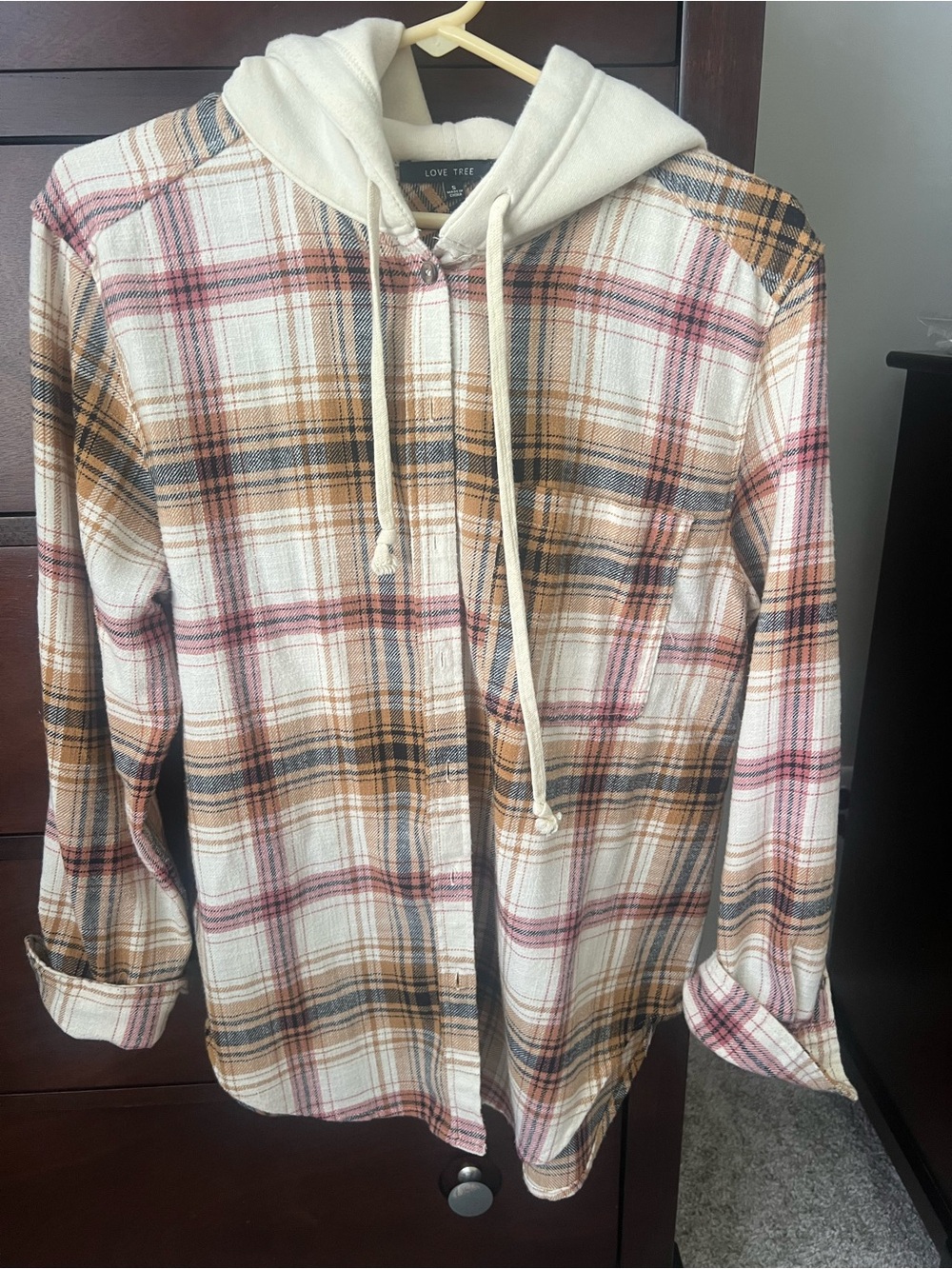 Love Tree Cream Plaid Hooded Button-Down Shirt with Tan & Pink Accents